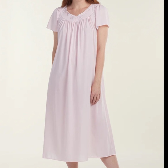 Miss Elaine Nylon Tricot Nightgown Womens Large Pink Flutter Sleeves Embroidered - Picture 1 of 11